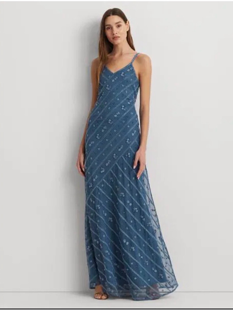 Nwt Lauren Ralph Lauren Beaded Mesh Sleeveless Gown Size 2 Dusty Blue